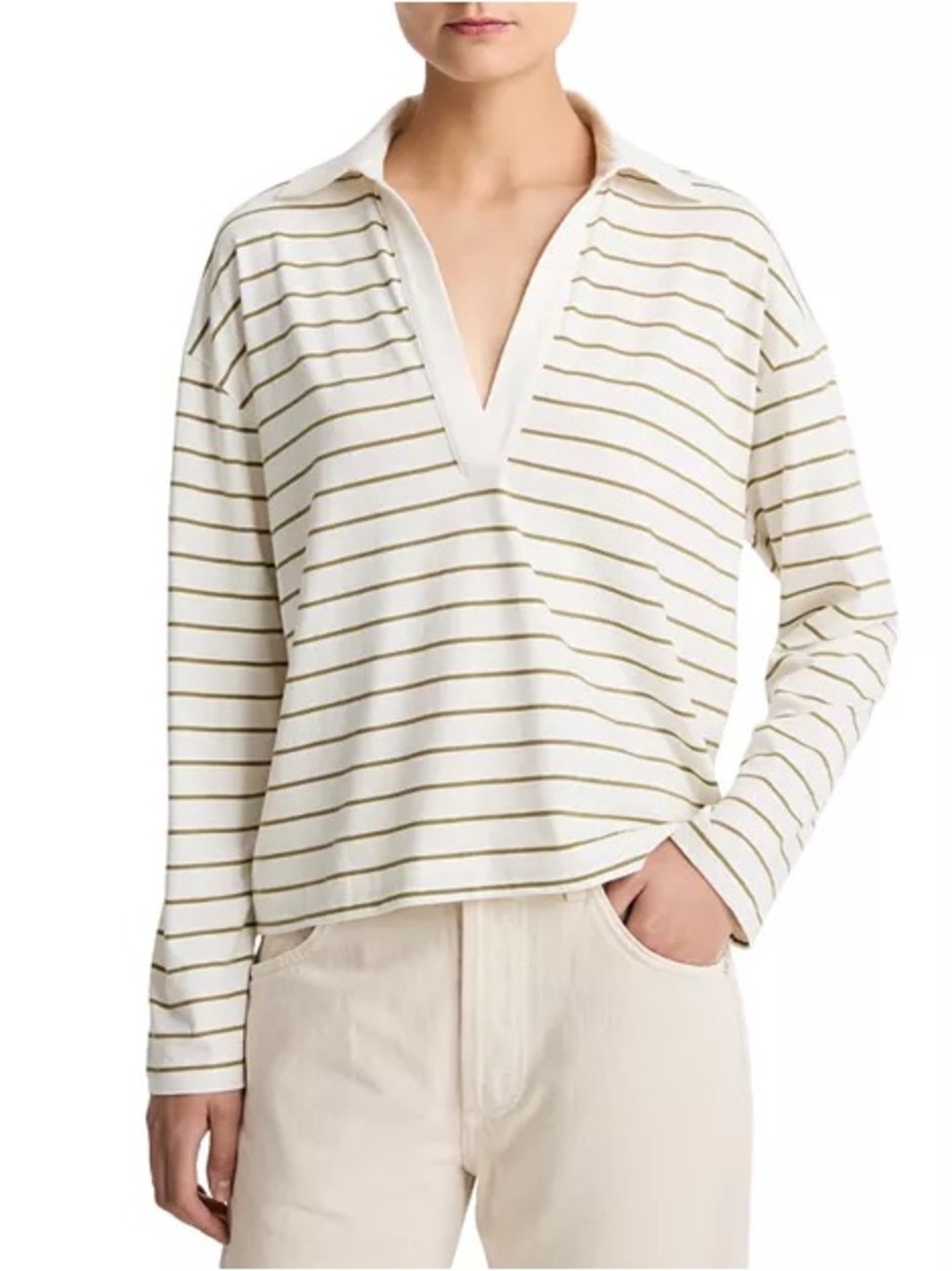 Vince Easy Polo Striped Cotton Long Sleeve Women’s Top Olive Stone